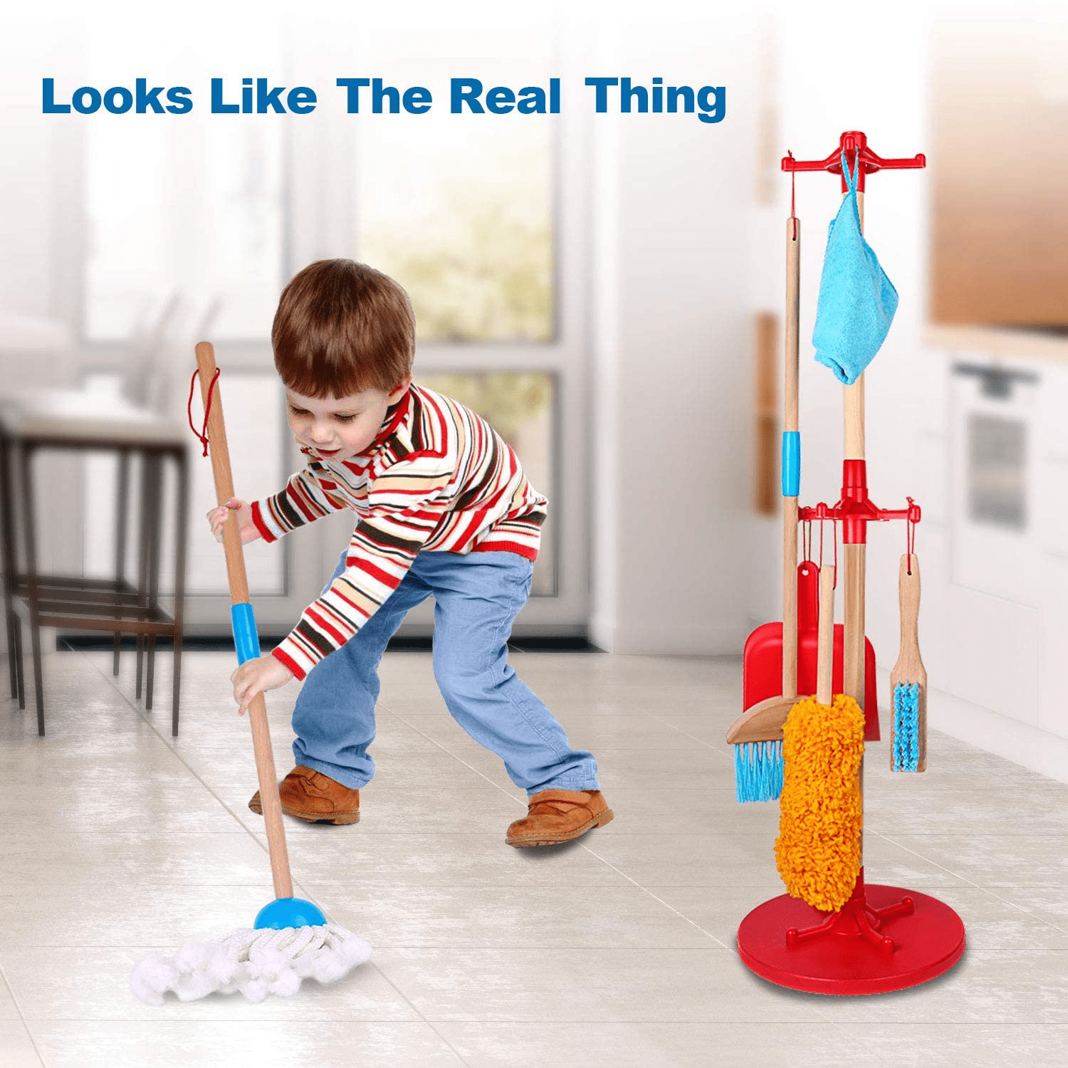 SUPER JOY Detachable Wooden Kids Cleaning Toy Set， Housekeeping Kit Broom， Mop， Duster， Dustpan， Brush， Rag， Hanging Stand， STEM Clean Toys for Girls and Boys