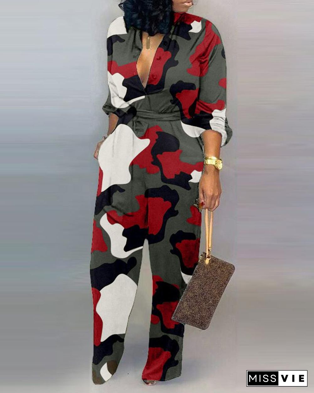 V Neck Camouflage Print Buttoned Jumpsuit