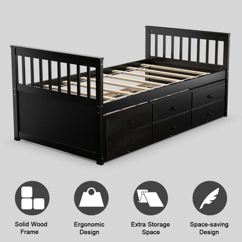 Twin Captain's Bed with Trundle Bed, Storage Daybed with 3 Drawers, Wooden Platform Bed for Kids Guests Sleepovers