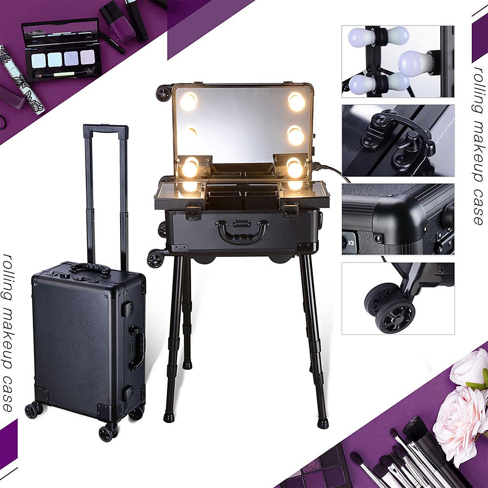 Byootique Rolling Studio Makeup Case with Lighted Mirror & Legs, M