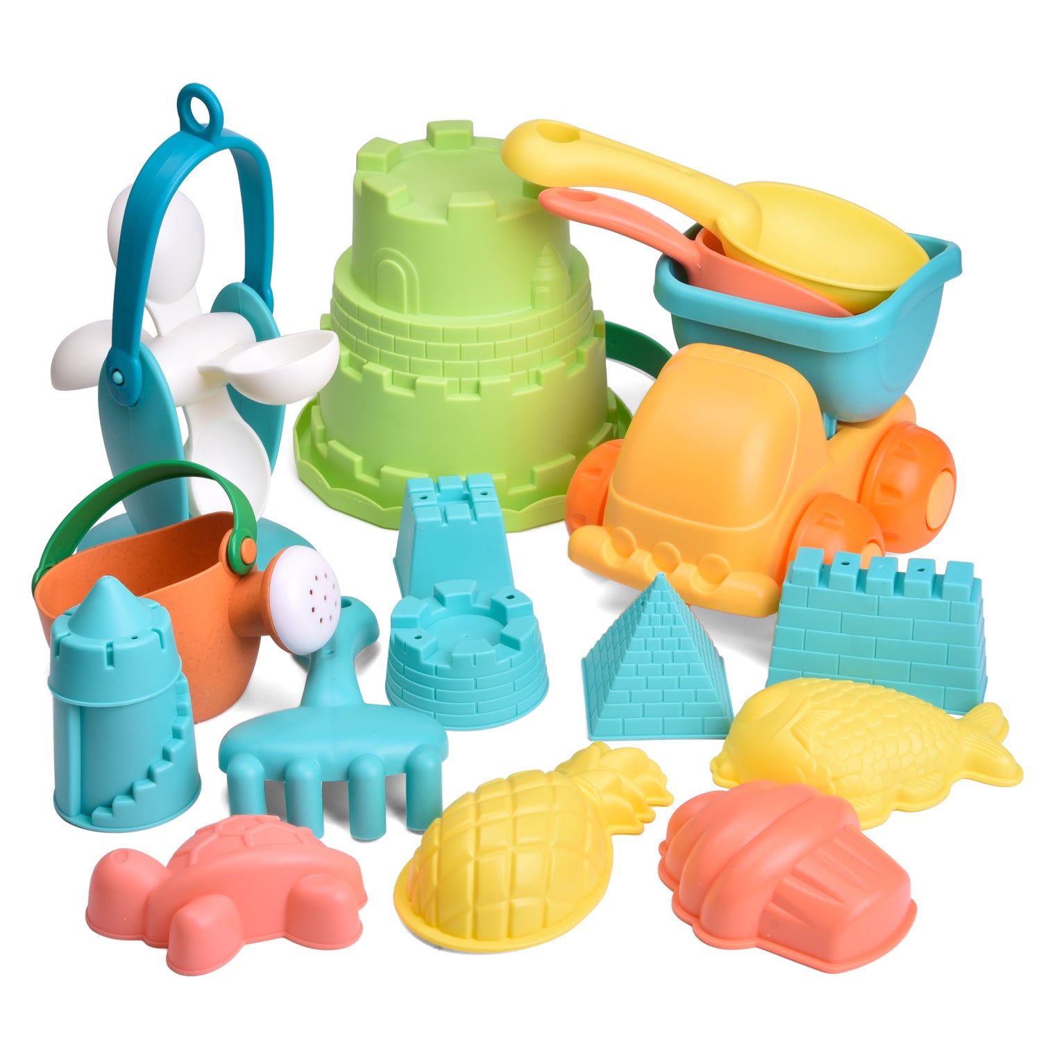 Fun ittle Toys18 Pcs Kids Beach Sand Toy Set, Beach Bucket Car, Watering Can, Shovel, Rake and Sand Castle Building Kit, Kids Outdoor Toys,Animals Snow Sandbox Toys,Summer Beach Toys