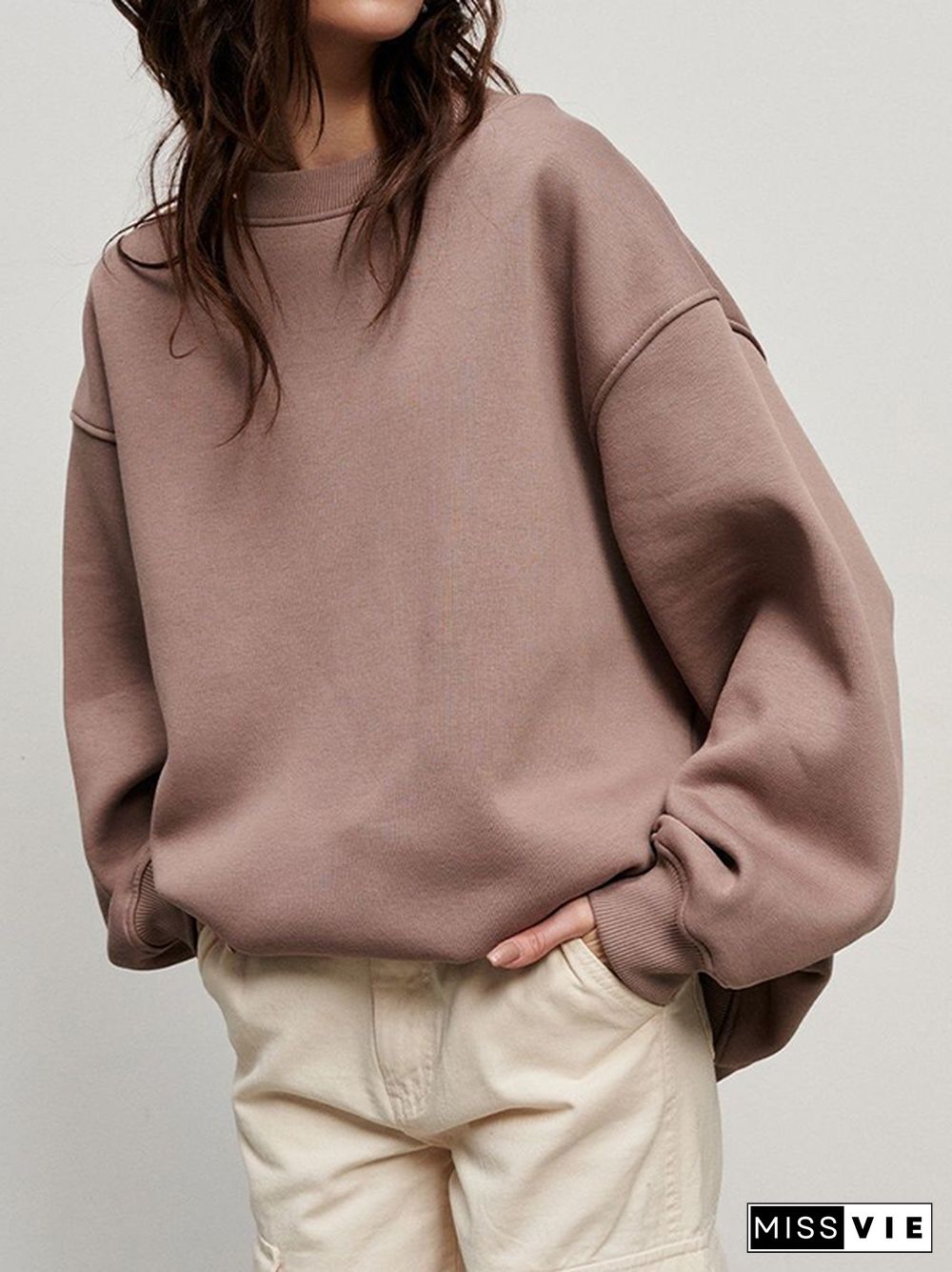 Long Sleeves Loose Solid Color Round-Neck Sweatshirt Tops