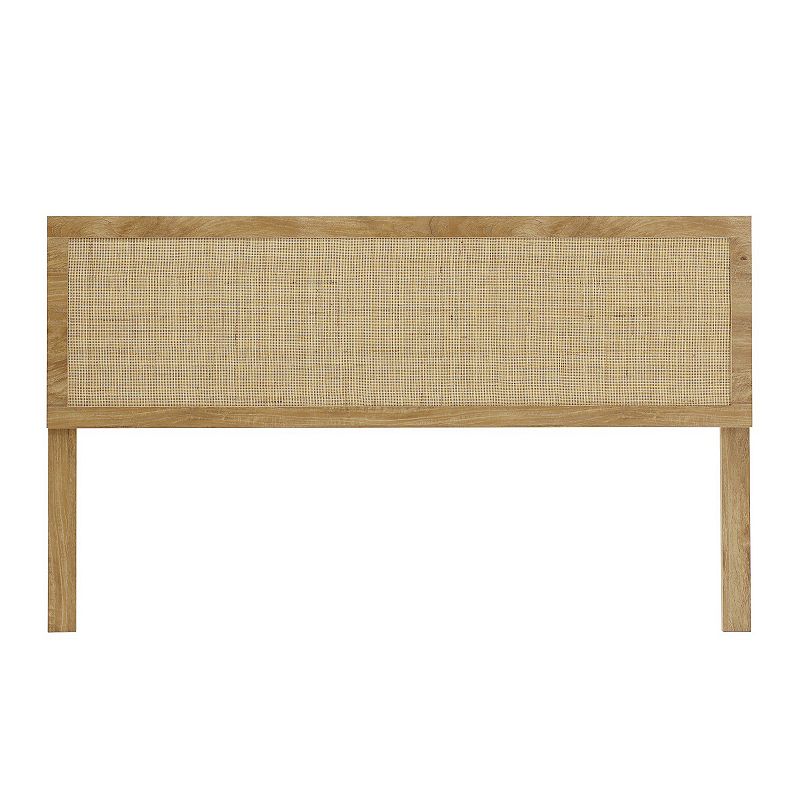 LuxenHome Oak Finish Manufactured Wood With Natural Rattan Panel Headboard， King