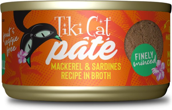 Tiki Cat Pate Mackerel and Sardines Recipe in Broth Wet Cat Food， 2.8-oz， case of 12