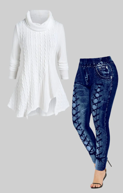 Cowl Neck Asymmetric Cable Knit Sweater and High Waisted 3D Leggings Plus Size Outfit