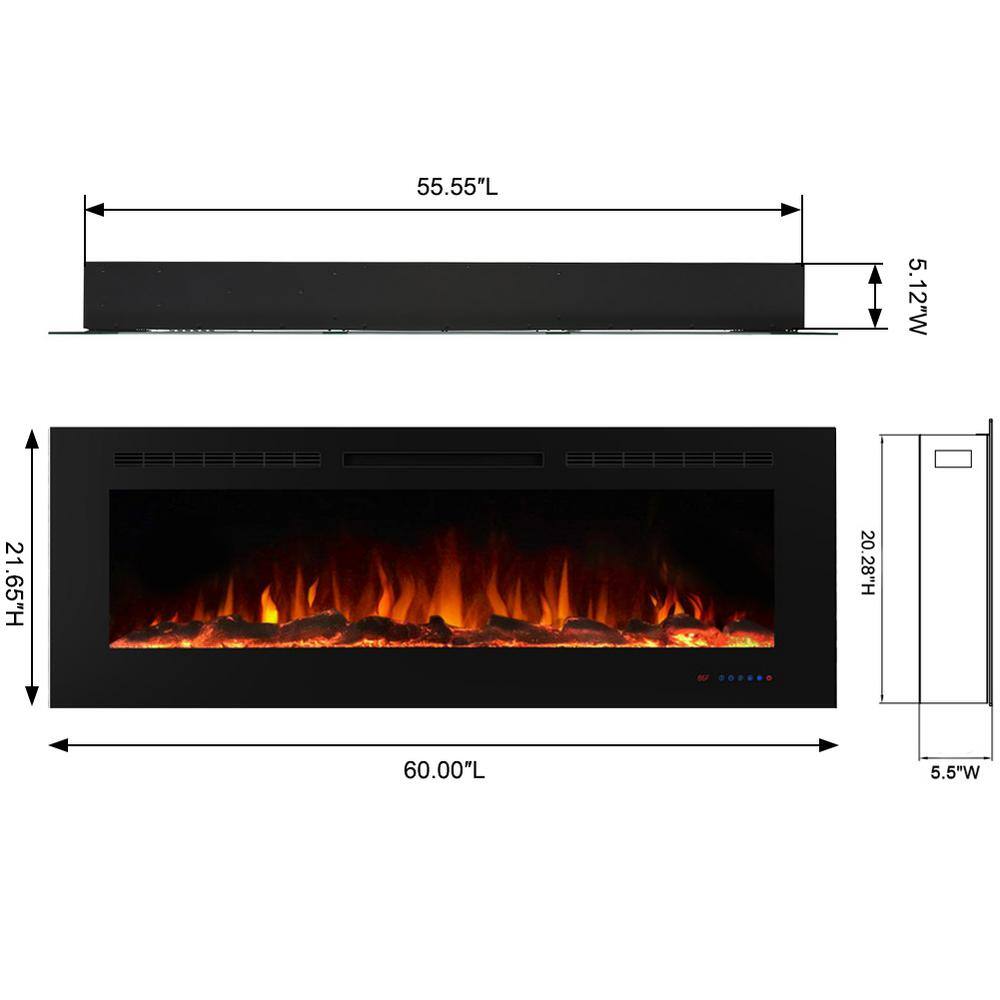 Valuxhome 60 in. 1500W750W Electric Fireplace Recessed Fireplaces with Remote Overheating Protection Touch Screen in Black EF60-HD