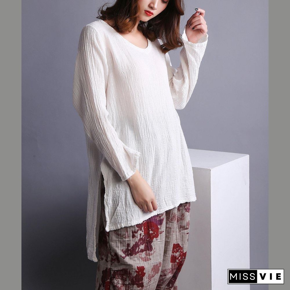 Beautiful White U Neck low high design Linen Shirt Spring