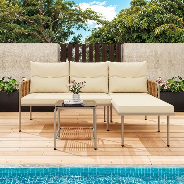 Moasis 3 Pieces Wicker Patio Furniture Conversation Set LShaped Sofa Set with Table and Cushion