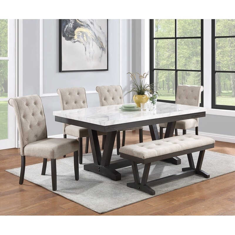 Best Quality Furniture 6 Piece Faux Marble Wrap Table Top Dining Set with Bench