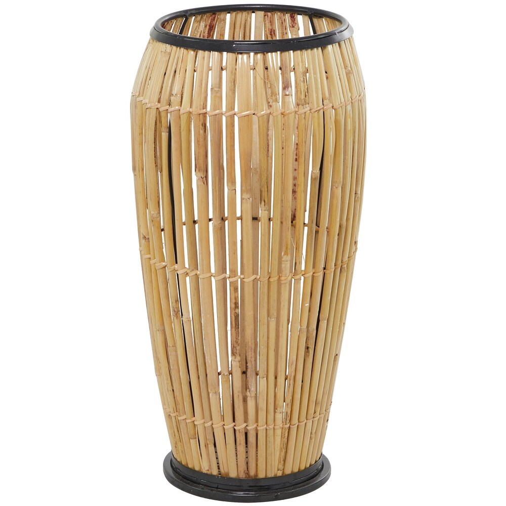 The Novogratz Brown Wicker Handmade Slatted Frame Vase with Black Metal Accents