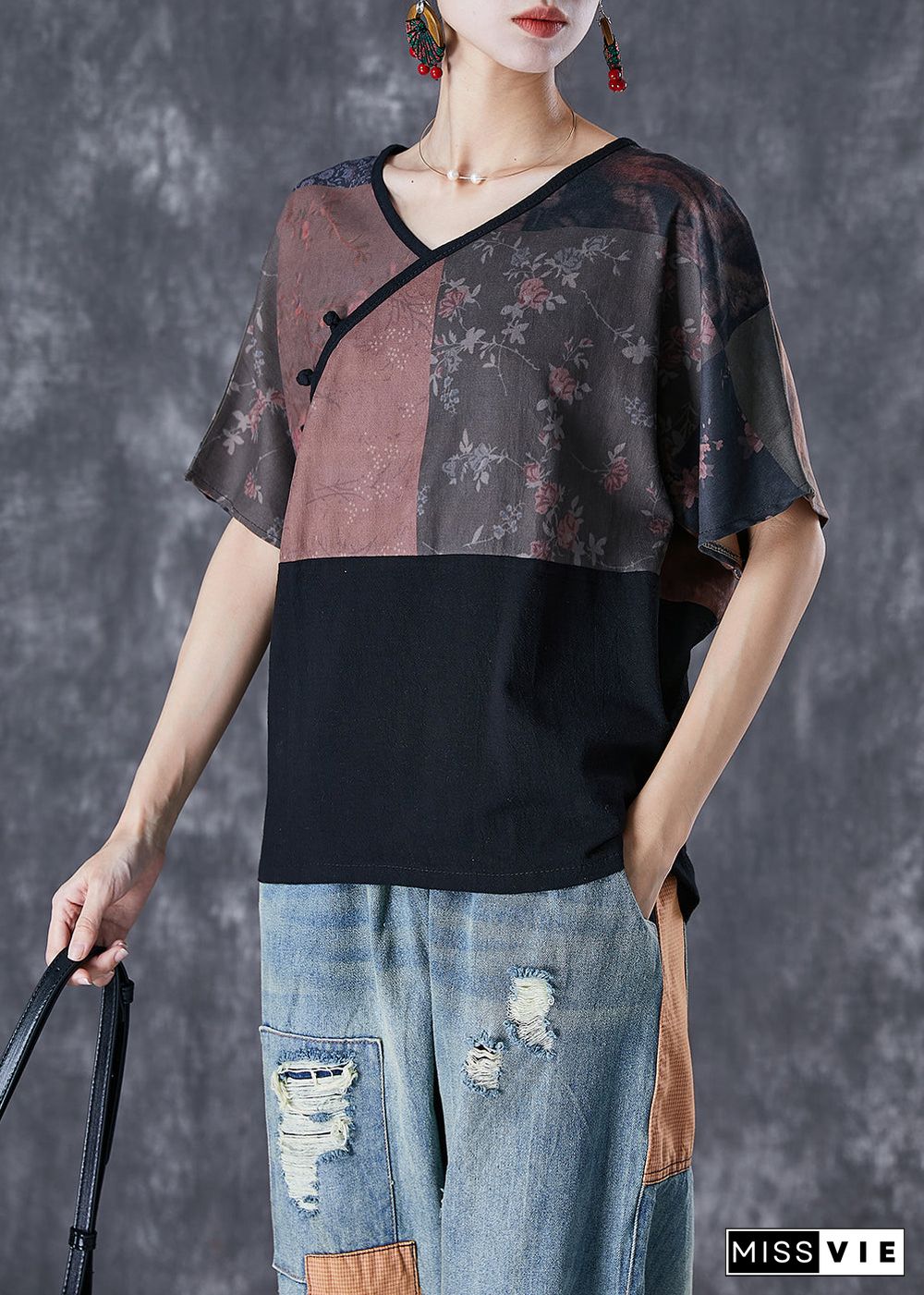 Fitted Black Patchwork Oversized Linen Shirt Top Summer