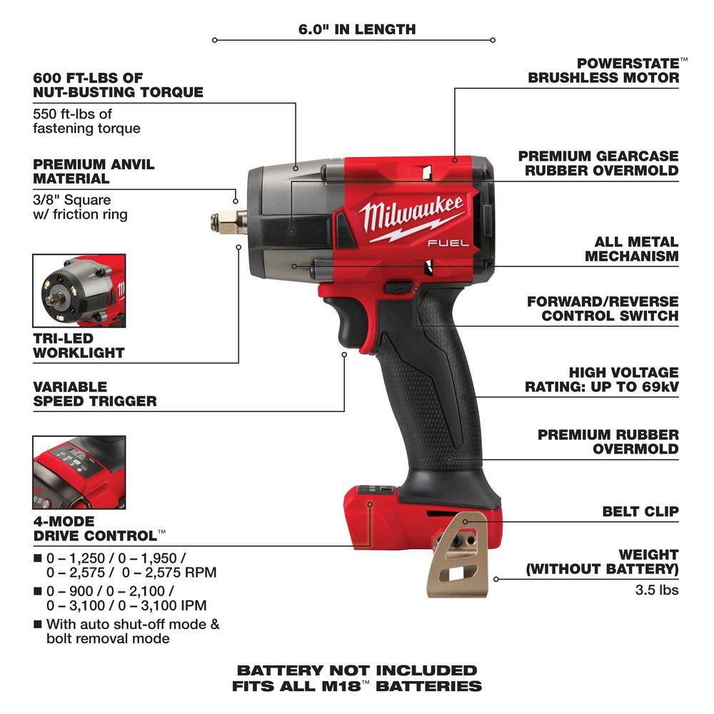 MW M18 FUEL GEN-2 18V Lithium-Ion Mid Torque Brushless Cordless 38 in. and 12 in Impact Wrench (2-Tool) 2960-20-2962-20