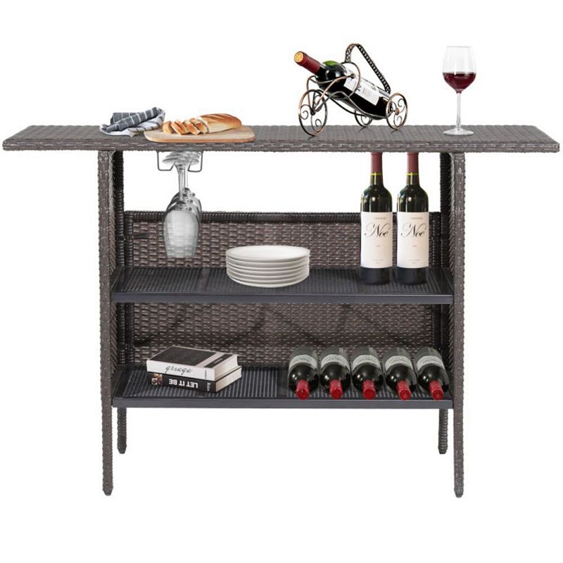 Hivago Outdoor Wicker Bar Table with 2 Metal Mesh Shelves