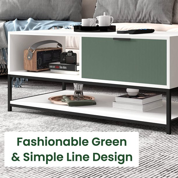 Watson Wood Coffee Table Steel Frame With Shelves and Drawer   Contemporary   Coffee Tables   by Lilola Home  Houzz