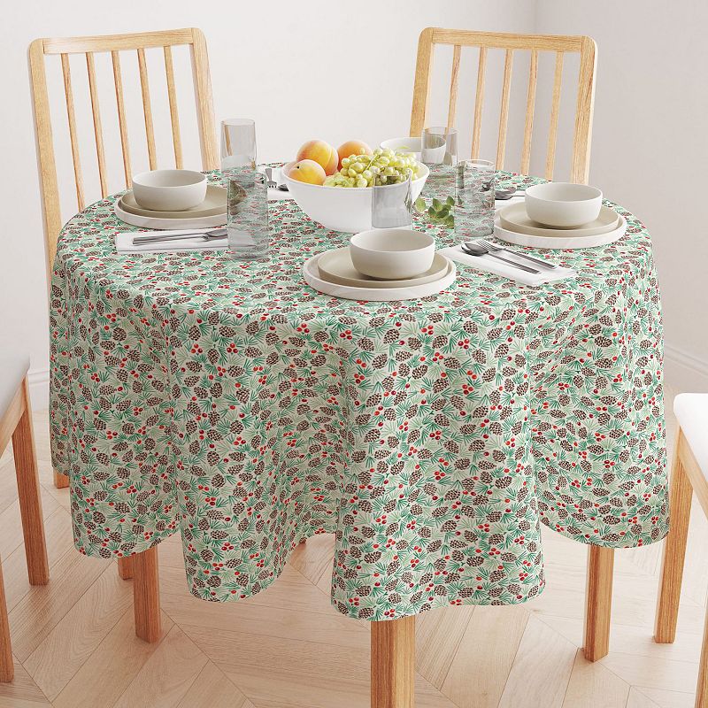 Round Tablecloth， 100% Polyester， 90 Round， Holiday Foliage and Berries