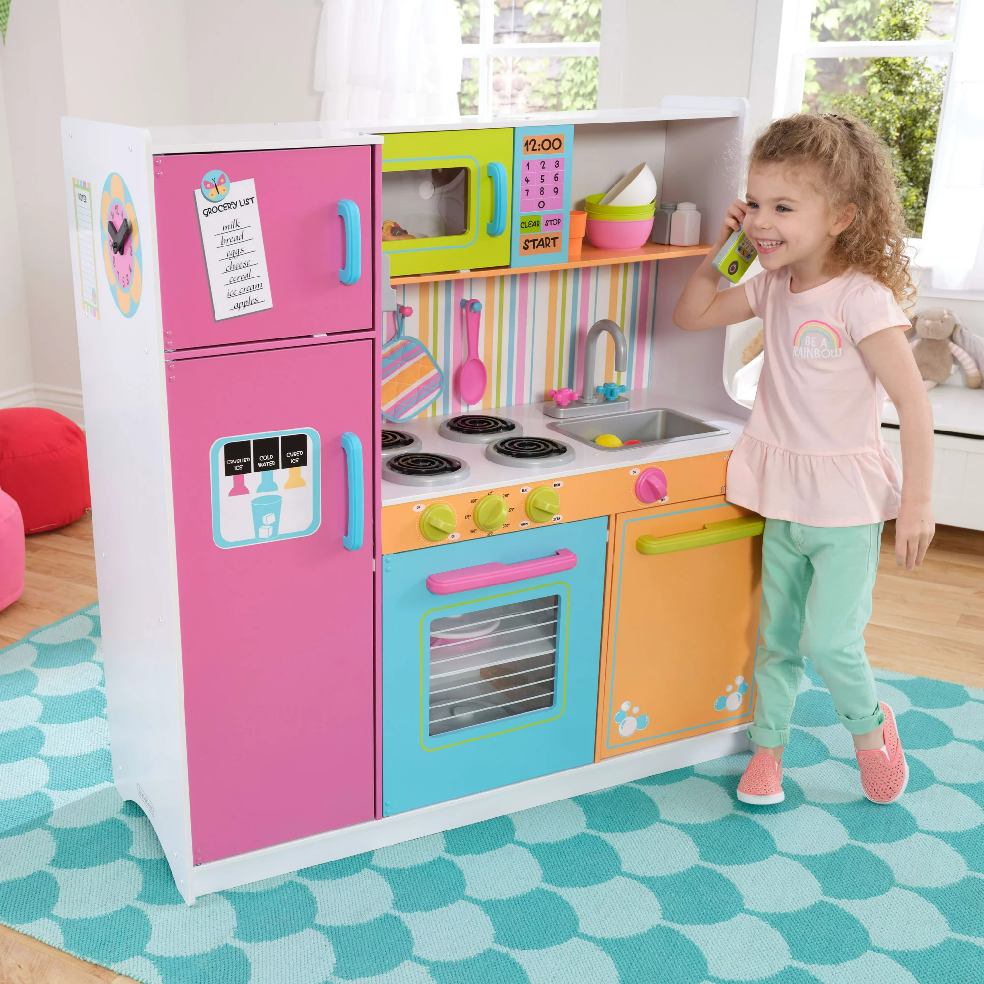 KidKraft Deluxe Big and Bright Wooden Play Kitchen with Play Phone， Neon Colors