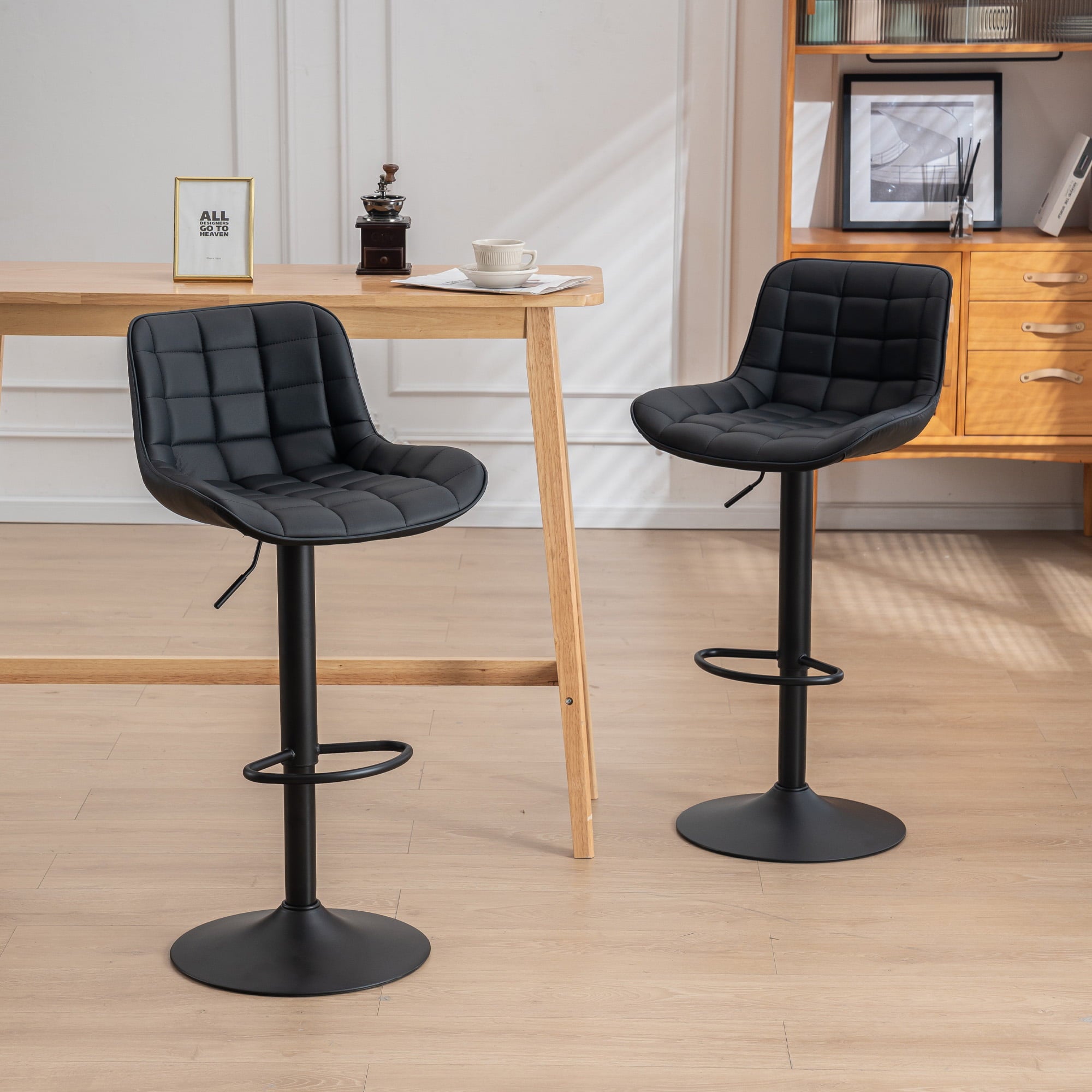 Kidol and Shellder Bar Stools Set of 2 Black PU Leather Swivel Adjustable Kitchen Barstools with Back