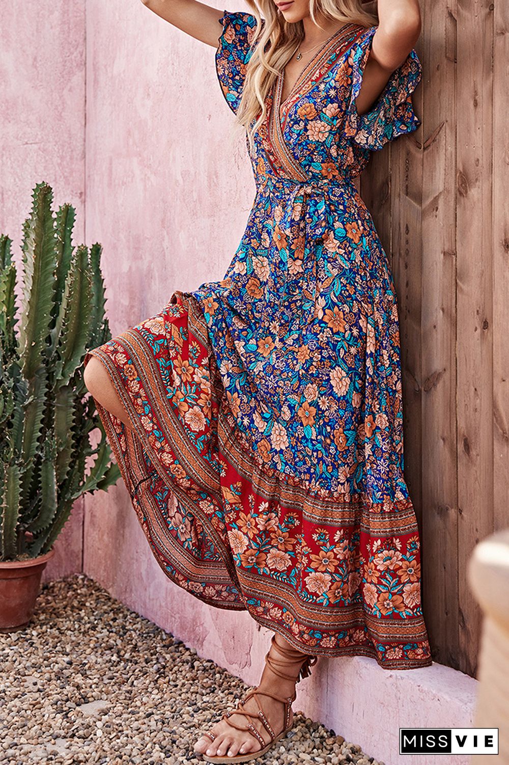 Wrap V Neck Bohemian Foral Print High Waist Maxi Dress