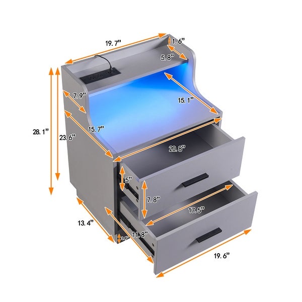 Multifunctional Nightstand with 2 Drawers， Shelf with USB Charging Design， Color-Changing LED - - 37572840