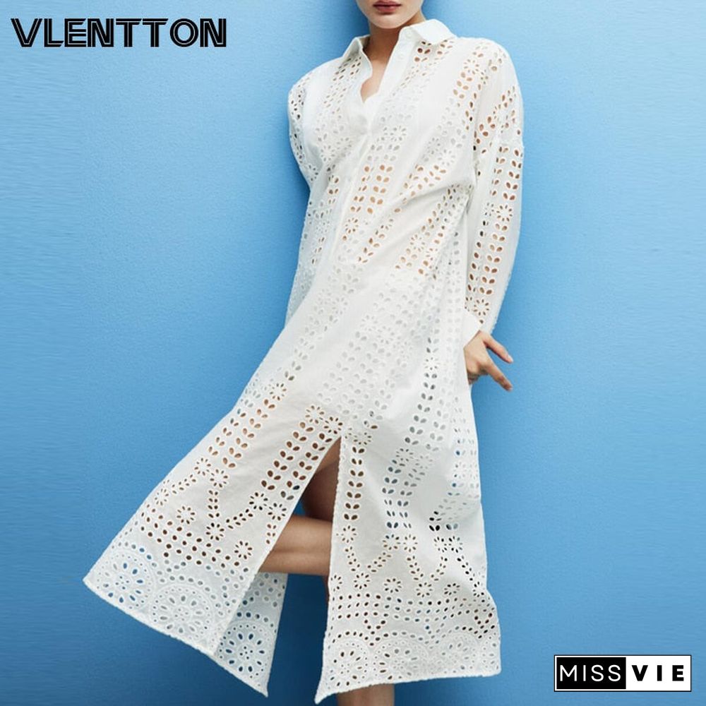 Spring Summer Women White Sexy Hollow Shirt Midi Dress Chic Embroidery Long Sleeve Solid Beach Dresses Ladies Vestidos