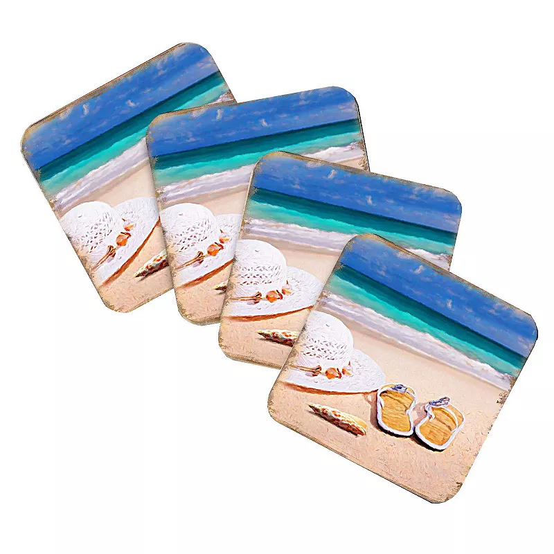 Beach Sandals and Hat Coastal Wooden Cork Coasters Gift Set of 4 by Nature Wonders