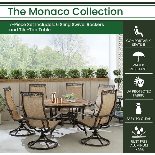 Hanover Monaco 7Piece Outdoor Dining Set with 6 Sling Swivel Rockers and a 60in. TileTop Table