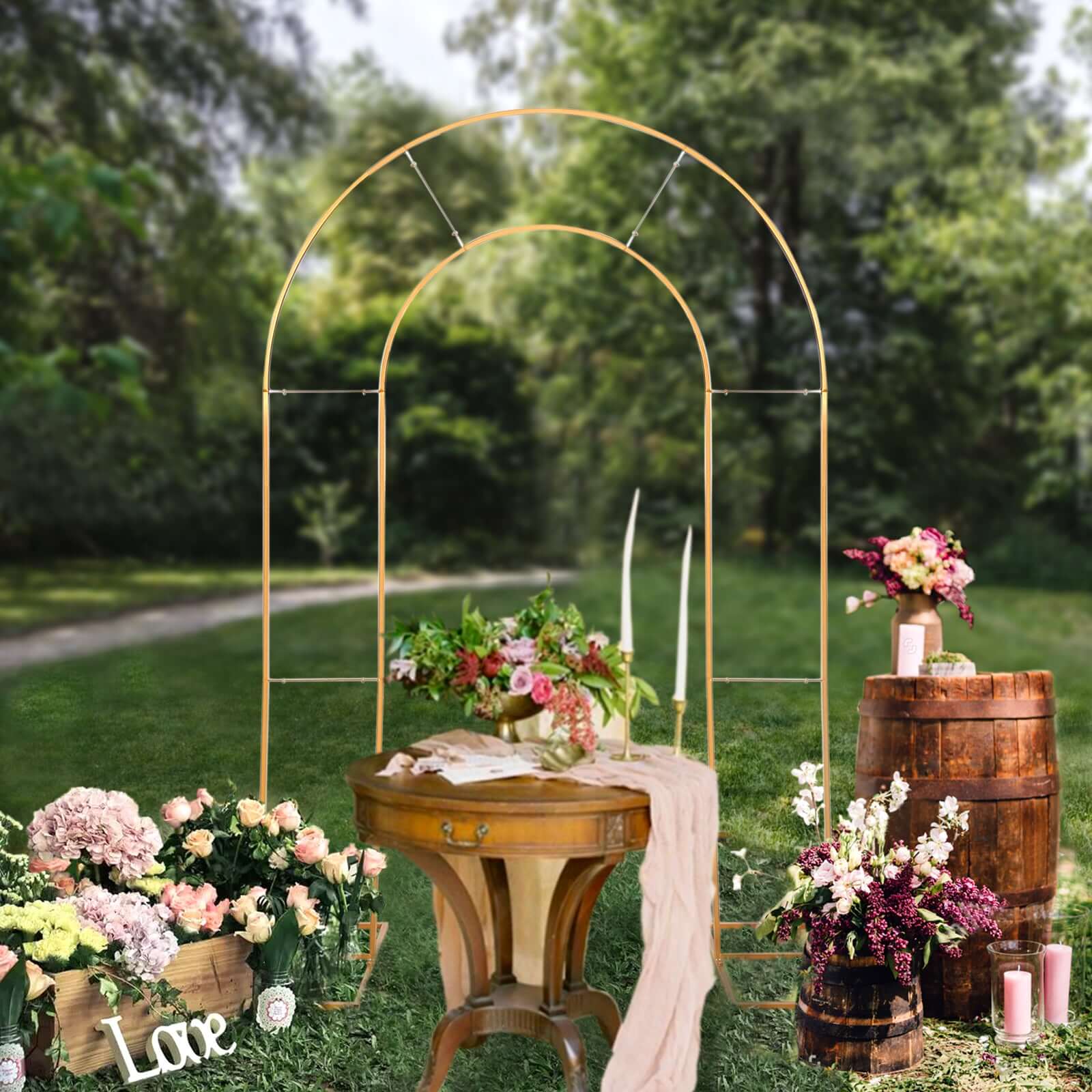 Gold Metal Round Top Double Arch Wedding Backdrop Stand, Flower Balloon Frame Ceremony Arbor 8ft Tall