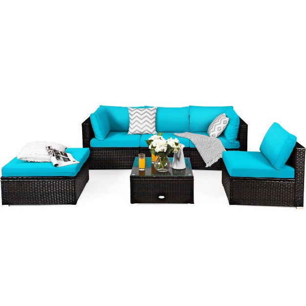 Tangkula 6pcs Patio Rattan Furniture Set Outdoor Sectional Sofa Set W coffee Table amp Ottoman Black navy turquoise red brown