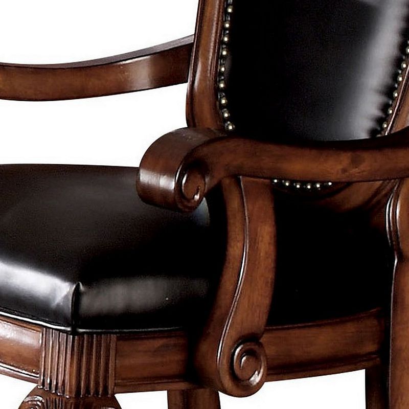 Loki 28 Inch Dining Armchair， Nailhead Trim， Faux Leather， Set of 2， Brown