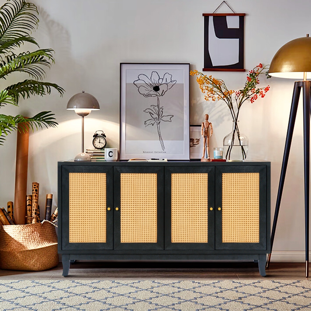 Rattan Sideboard Buffer Cabinet  Accent Storage Cabinet with 4 Rattan Doors and Adjustable Shelves