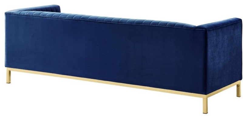 Posh Living Hayden Velvet Tuxedo Sofa with Y Metal Base in Navy Blue/Chrome   Contemporary   Sofas   by Homesquare  Houzz