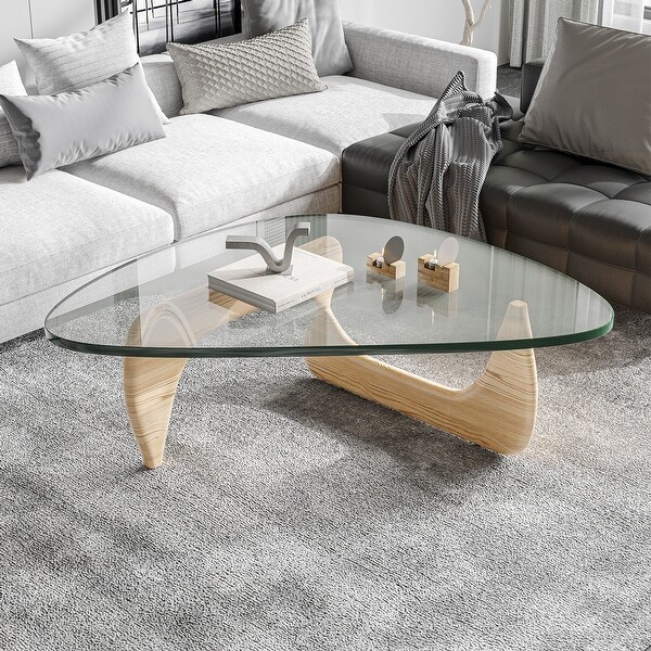 Noguchi Modern Triangle Glass Coffee Table Cherry Wood Base