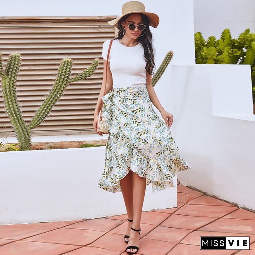 Summer Women Lace Up Split Boho Floral Print Irregular Dress Chiffon Skirt Holiday Beach Maxi Dress