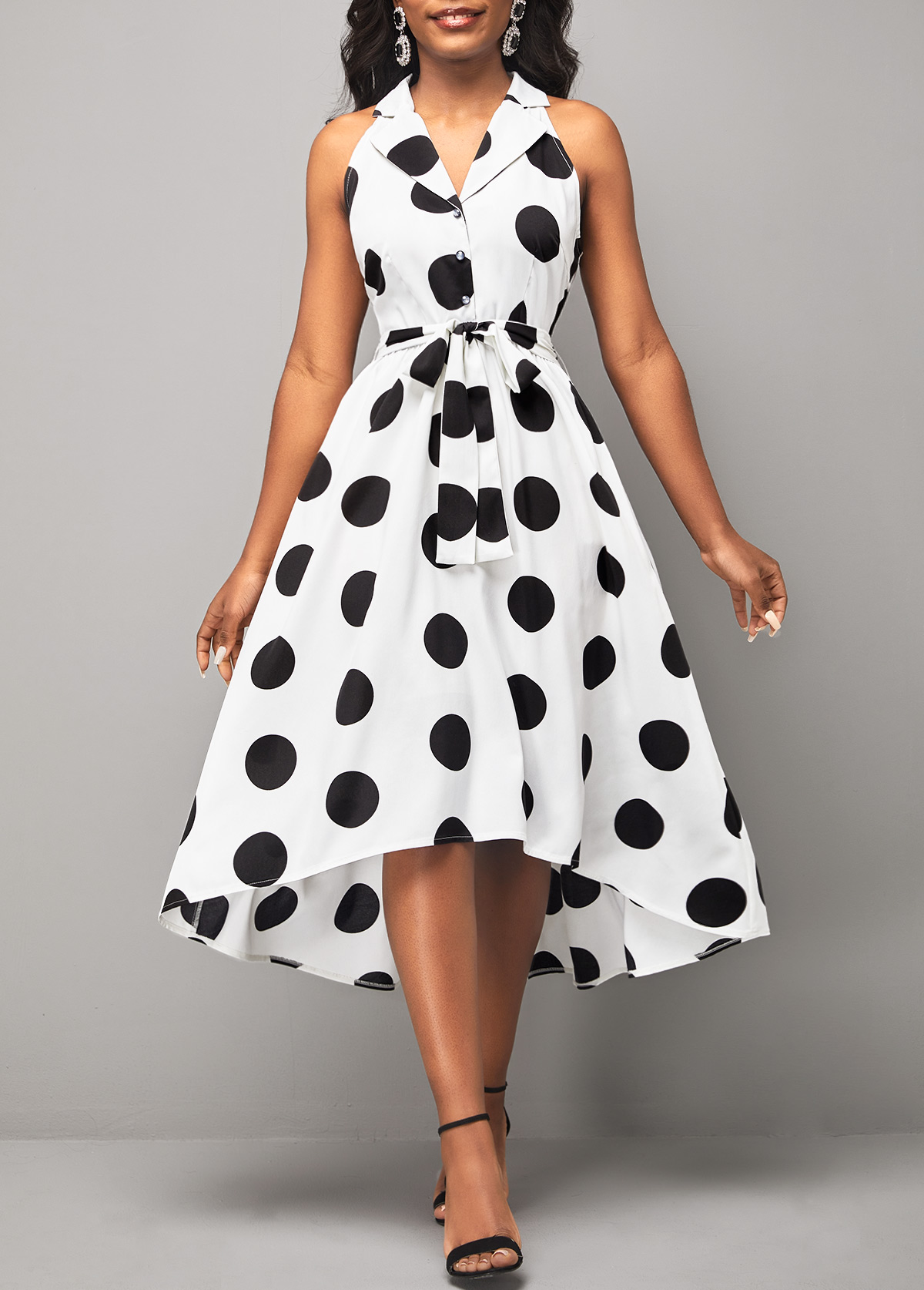 Turndown Collar Polka Dot White Belted Dress