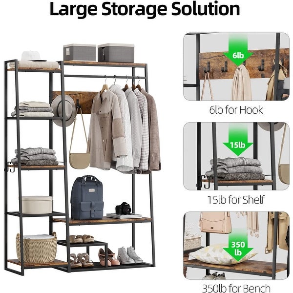 71in Industrial Freestanding Closet Organizer， Clothes Rack Hall Tree with Storage Bench