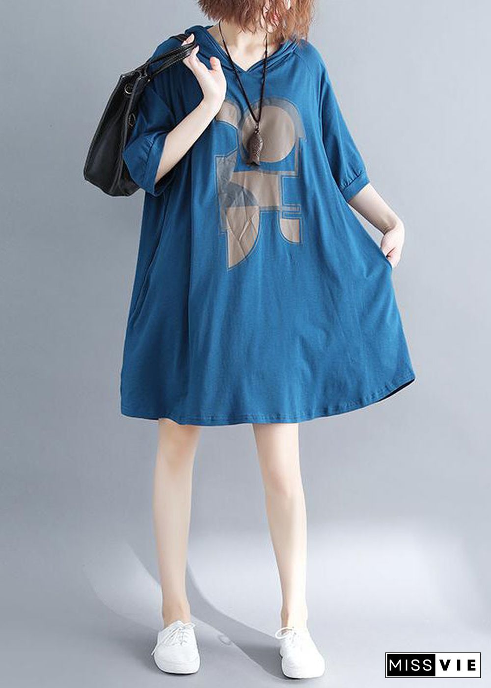 Plus Size Blue Hooded Print Cotton Sweatshirt Dress Summer