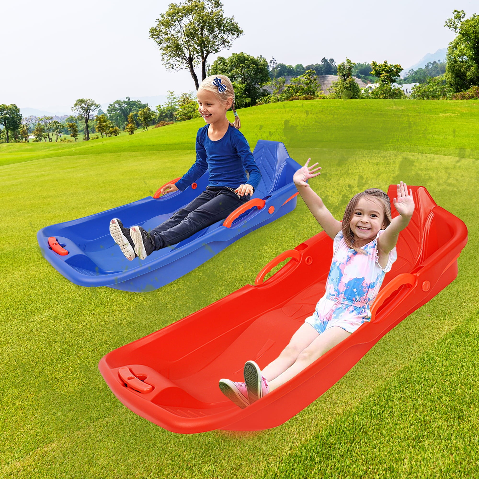 uhomepro 2-Pack Outdoor Sleds for Kids Toddlers Grass Sand Sliding, Plastic Toboggan Downhill Pull Sled with Brakes Pulling Rope and Handles, Gift for Children Sports Toys