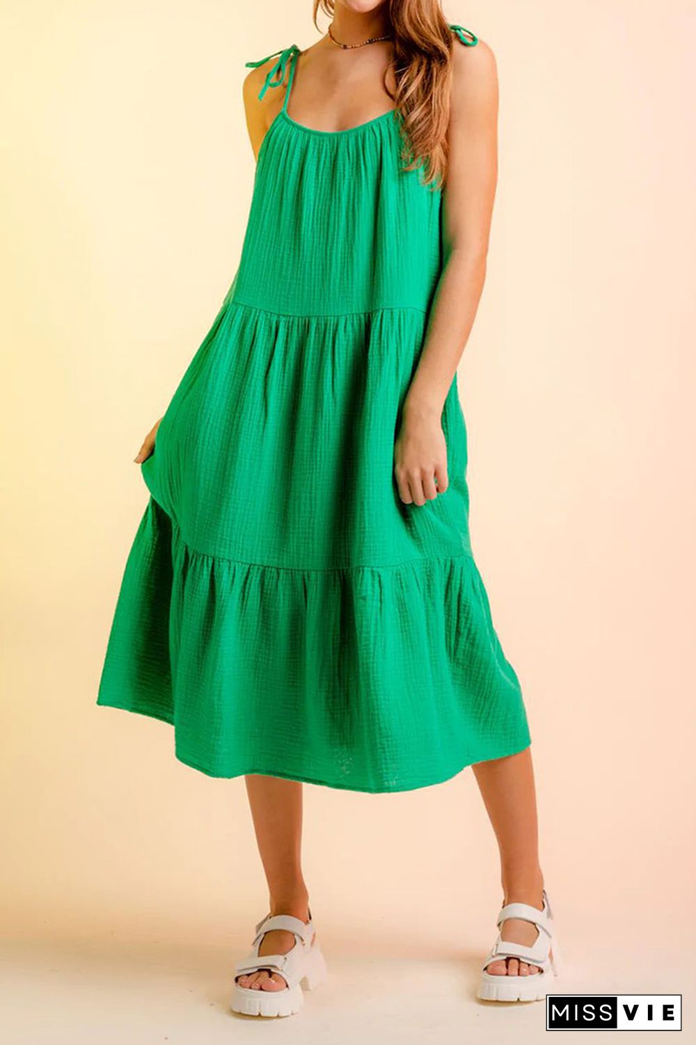 Plain Tie Cami Strap Tiered Midi Dress