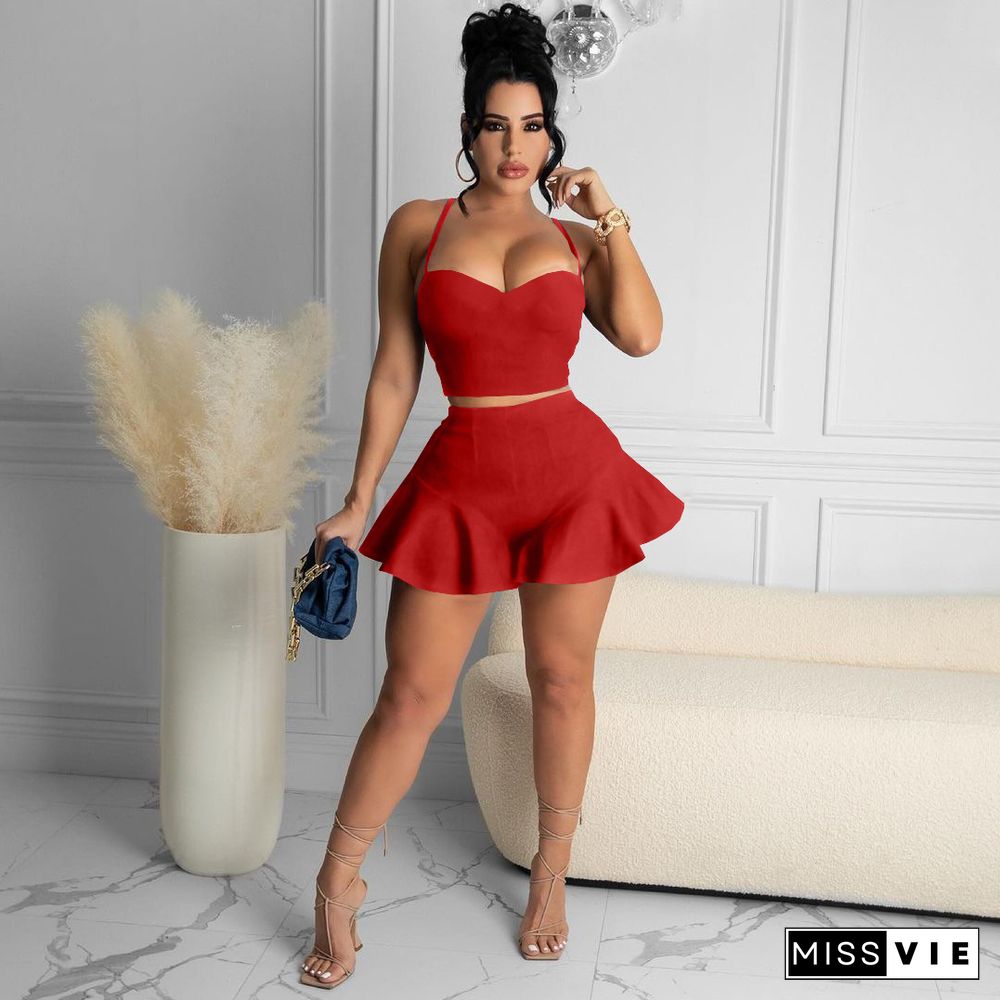 Fashion Solid Color Spaghetti Straps Crop Top Ruffles Shorts Summer Women Night Club Two Piece Set