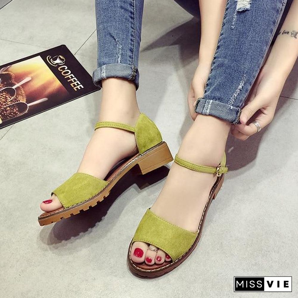 Fish Mouth Women PU Suede Retro High Heels Square Heel Buckle Sandals