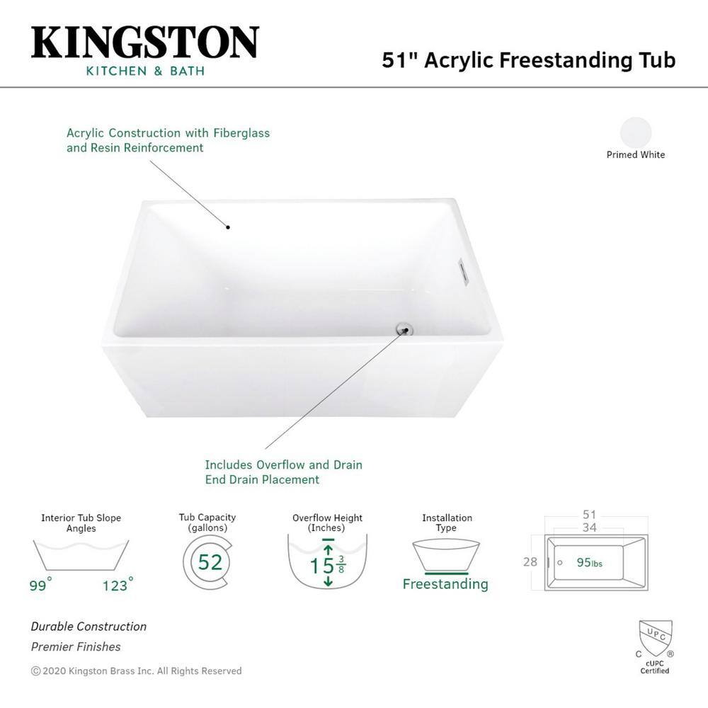 51 in. Acrylic Reversible Drain Rectangular Flatbottom Freestanding Bathtub in White HVTSQ512823