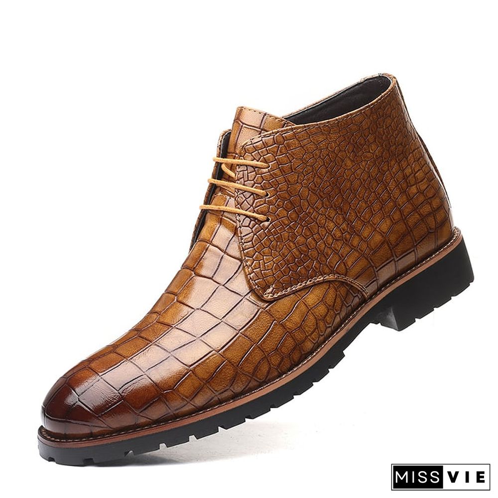Casual Front Lace Up Crocodile Pattern Men'S Leather Boots