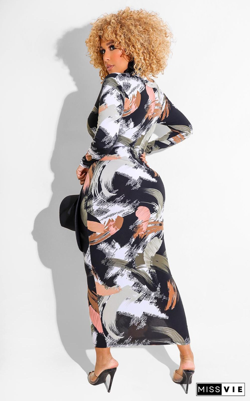 Graffiti Printing Zipper Long Sleeve Bodycon Dress