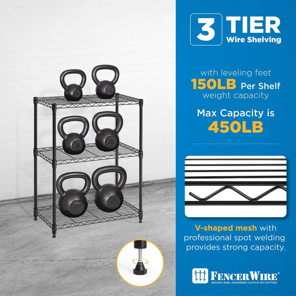 Fencer Wire Black 3-Tier Adjustable Height Wire Welded Steel Garage Storage Shelving Unit (24 in. W x 30 in. H x 14 in. D) RWW-CH24143BK