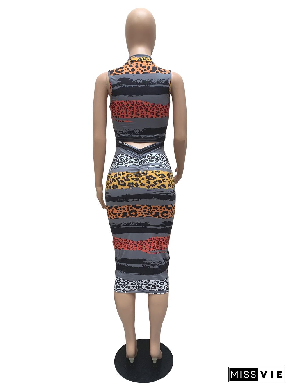 Sleeveless Leopard Print O-Neck Bodycon Pencil Dress