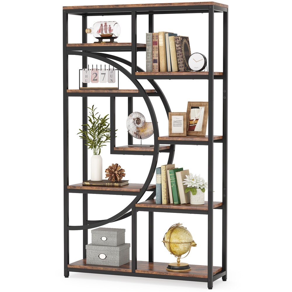 Industrial Etagere Bookcase with 8 Open Storage Shelf  Tall Geometric Book Shelves