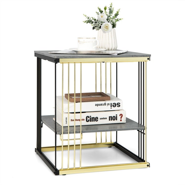 2-Tier Metal Square Side End Table with Removable Shelf-Grey - Grey - 15.5