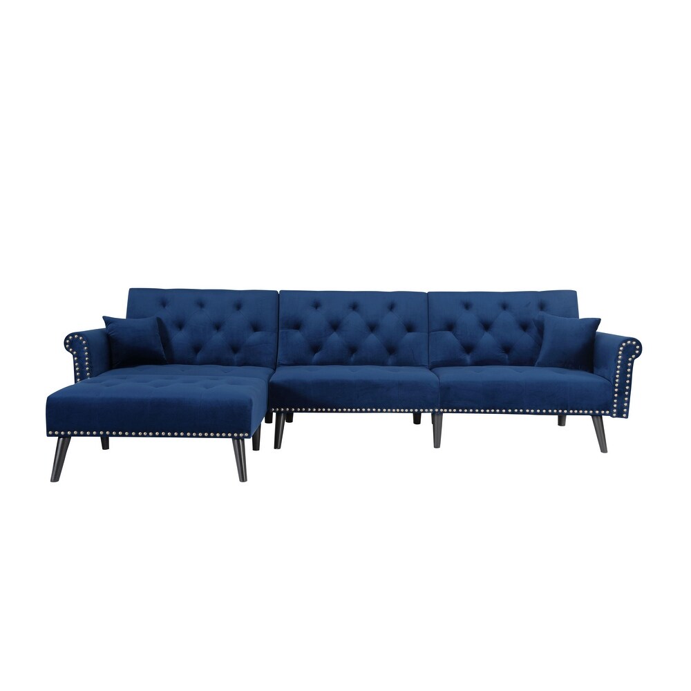 L Shape Velvet Sectional Sofa with 2 Pillows  Button Tufted Nails Convertible Sleeper