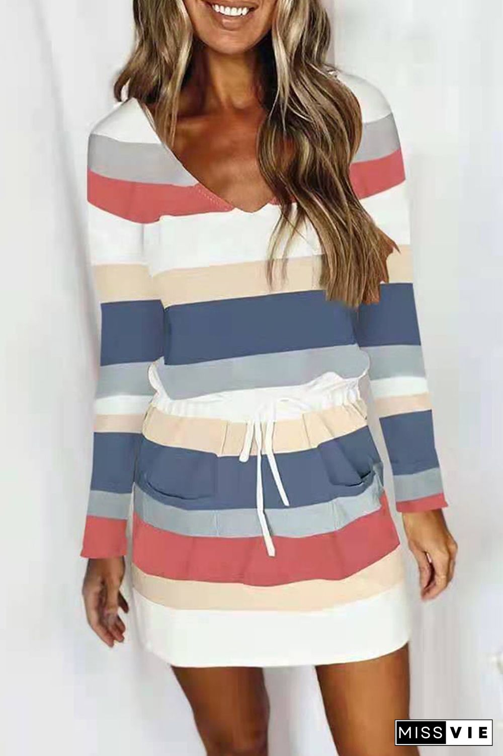 Colorful Stripe Drawstring V-neck Long Sleeve Dress Women Wholesale