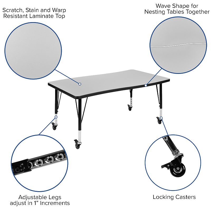 Emma and Oliver Mobile 76 Oval Wave Activity Table Set-14 Student Stack Chairs， Grey/Black